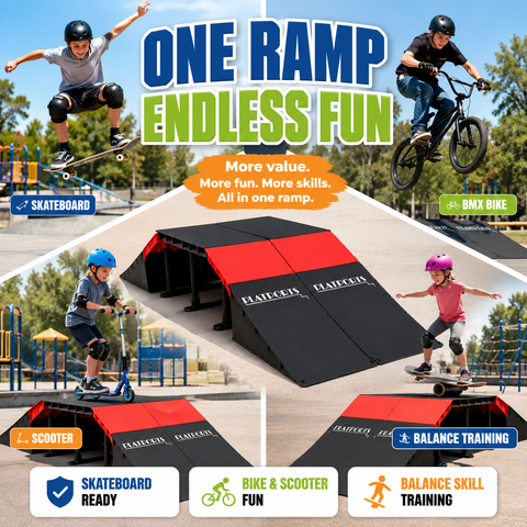 Image of Platports Skateboard Ramp Set for Kids Ages 6-12, BMX Bike Ramp, Scooter Ramp & RC Car Ramp, 20+ Modular Configurations, Backyard Skate Park with Tabletop Jump and Launch Ramps